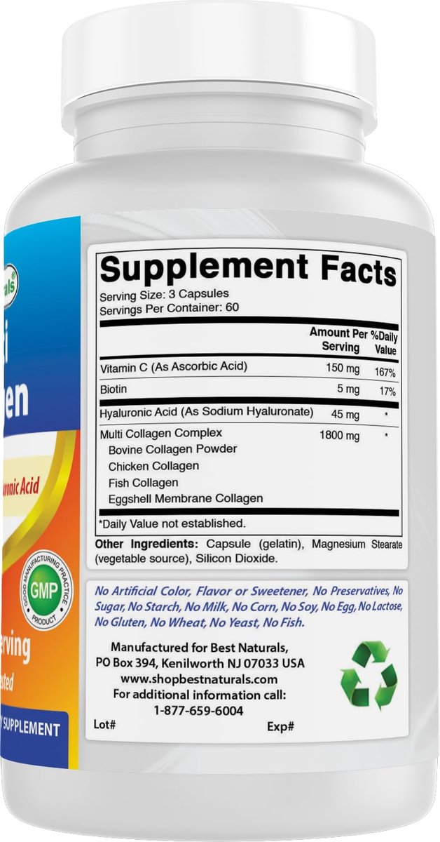 Best Naturals Multi Collagen Kapseln 2000mg für Frauen & Männer - Hydrolysierte Kollagenpeptide für Haut, Haare und Nägel mit Typen I II III V X, Biotin, Hyaluronsäure & Vitamin C