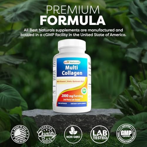 Best Naturals Multi Collagen Kapseln 2000mg für Frauen & Männer - Hydrolysierte Kollagenpeptide für Haut, Haare und Nägel mit Typen I II III V X, Biotin, Hyaluronsäure & Vitamin C