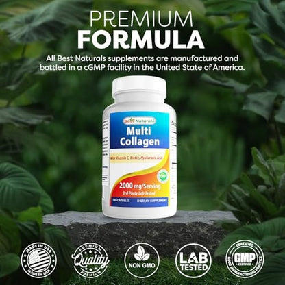 Best Naturals Multi Collagen Kapseln 2000mg für Frauen & Männer - Hydrolysierte Kollagenpeptide für Haut, Haare und Nägel mit Typen I II III V X, Biotin, Hyaluronsäure & Vitamin C