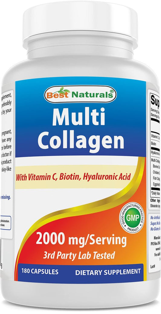 Best Naturals Multi Collagen Kapseln 2000mg für Frauen & Männer - Hydrolysierte Kollagenpeptide für Haut, Haare und Nägel mit Typen I II III V X, Biotin, Hyaluronsäure & Vitamin C