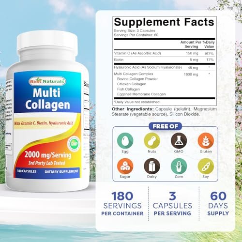 Best Naturals Multi Collagen Kapseln 2000mg für Frauen & Männer - Hydrolysierte Kollagenpeptide für Haut, Haare und Nägel mit Typen I II III V X, Biotin, Hyaluronsäure & Vitamin C