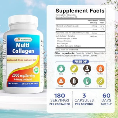 Best Naturals Multi Collagen Kapseln 2000mg für Frauen & Männer - Hydrolysierte Kollagenpeptide für Haut, Haare und Nägel mit Typen I II III V X, Biotin, Hyaluronsäure & Vitamin C