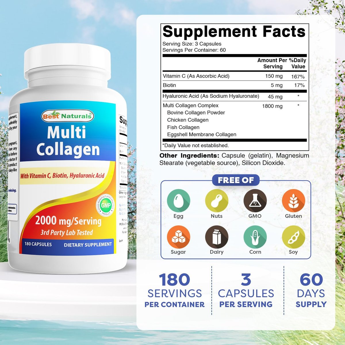 Best Naturals Multi Collagen Kapseln 2000mg für Frauen & Männer - Hydrolysierte Kollagenpeptide für Haut, Haare und Nägel mit Typen I II III V X, Biotin, Hyaluronsäure & Vitamin C
