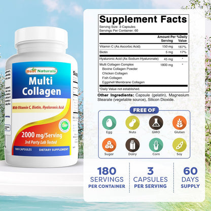 Best Naturals Multi Collagen Kapseln 2000mg für Frauen & Männer - Hydrolysierte Kollagenpeptide für Haut, Haare und Nägel mit Typen I II III V X, Biotin, Hyaluronsäure & Vitamin C