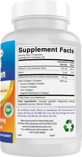 Best Naturals Multi Collagen Kapseln 2000mg für Frauen & Männer - Hydrolysierte Kollagenpeptide für Haut, Haare und Nägel mit Typen I II III V X, Biotin, Hyaluronsäure & Vitamin C