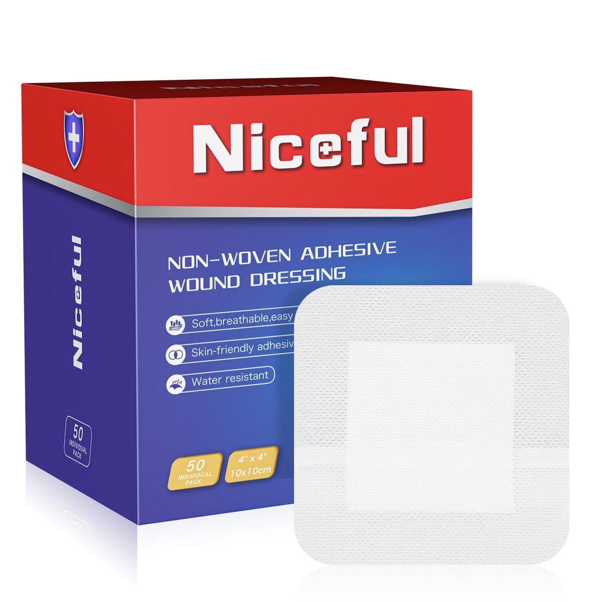 Niceful 50er-Pack Klebeverband mit Gaze 10x10 cm, wasserabweisende Wundauflage, steril & saugfähig, medizinische Klebepads, Erste-Hilfe-Pads FSA-berechtigt