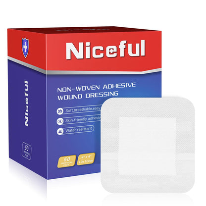 Niceful 50er-Pack Klebeverband mit Gaze 10x10 cm, wasserabweisende Wundauflage, steril & saugfähig, medizinische Klebepads, Erste-Hilfe-Pads FSA-berechtigt