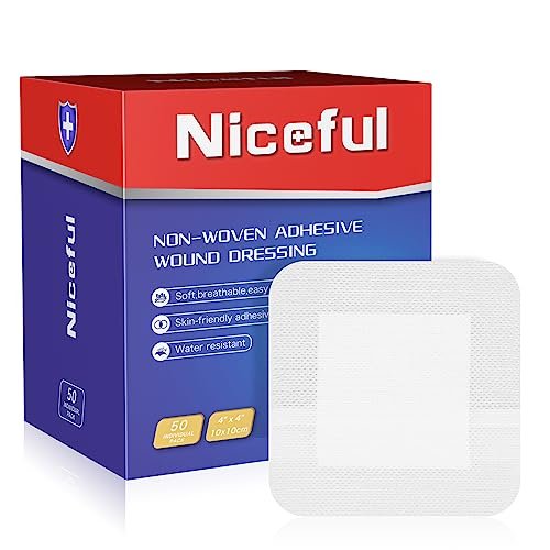 Niceful 50er-Pack Klebeverband mit Gaze 10x10 cm, wasserabweisende Wundauflage, steril & saugfähig, medizinische Klebepads, Erste-Hilfe-Pads FSA-berechtigt