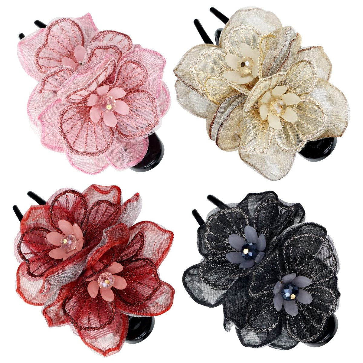 Lawie 4er-Pack Mesh-Stickerei Blumenduckbill Kunststoff Flache Haarspangen Klammer Haarnadeln Dutt Drehhaarspangen Ponytail Haarhalter Accessoires Haarblume für Frauen und Mädchen