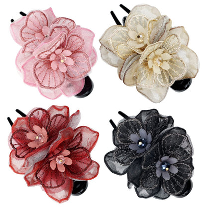 Lawie 4er-Pack Mesh-Stickerei Blumenduckbill Kunststoff Flache Haarspangen Klammer Haarnadeln Dutt Drehhaarspangen Ponytail Haarhalter Accessoires Haarblume für Frauen und Mädchen