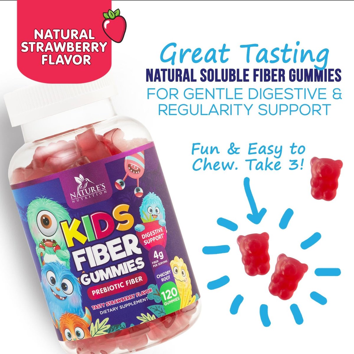Ballaststoff-Gummis für Kinder - 4g pro Portion - Tägliches Ballaststoff-Gummi-Supplement für Kinder - Lösliche Inulin-Präbiotikum-Gummis für Verdauungsgesundheit - Pflanzliche Unterstützung für Regelmäßigkeit & Verdauung - 120 Gummis