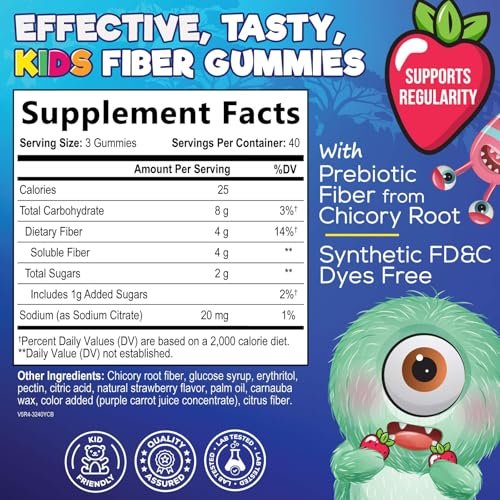 Ballaststoff-Gummis für Kinder - 4g pro Portion - Tägliches Ballaststoff-Gummi-Supplement für Kinder - Lösliche Inulin-Präbiotikum-Gummis für Verdauungsgesundheit - Pflanzliche Unterstützung für Regelmäßigkeit & Verdauung - 120 Gummis