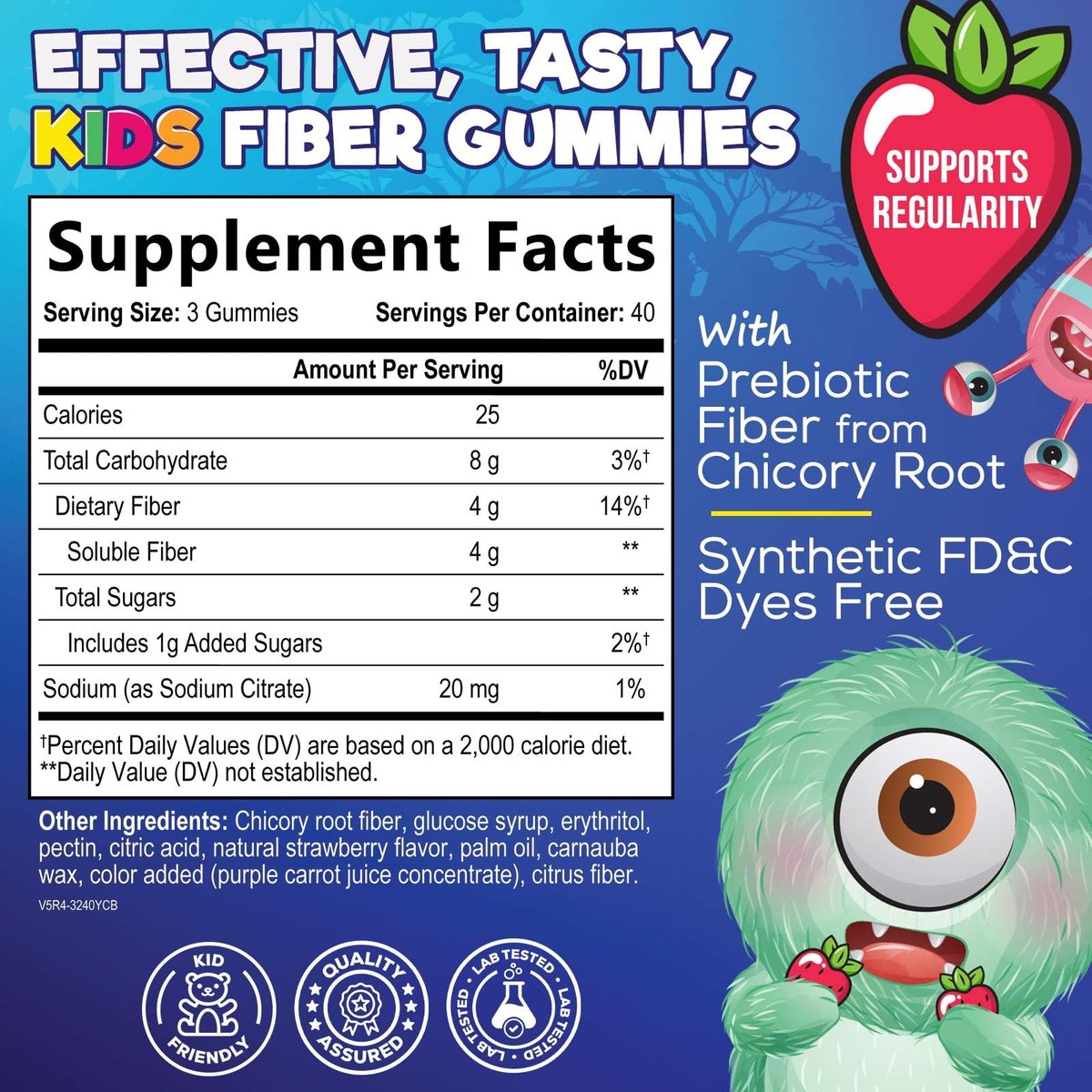 Ballaststoff-Gummis für Kinder - 4g pro Portion - Tägliches Ballaststoff-Gummi-Supplement für Kinder - Lösliche Inulin-Präbiotikum-Gummis für Verdauungsgesundheit - Pflanzliche Unterstützung für Regelmäßigkeit & Verdauung - 120 Gummis
