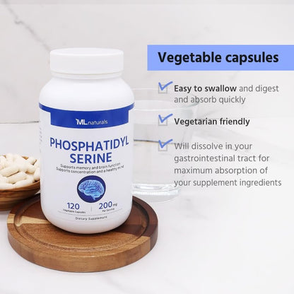 ML Naturals Phosphatidyl Serin 200 mg (pro Portion) – 120 pflanzliche Kapseln – Non-GMO – Unterstützt Gedächtnis & Gehirnfunktion