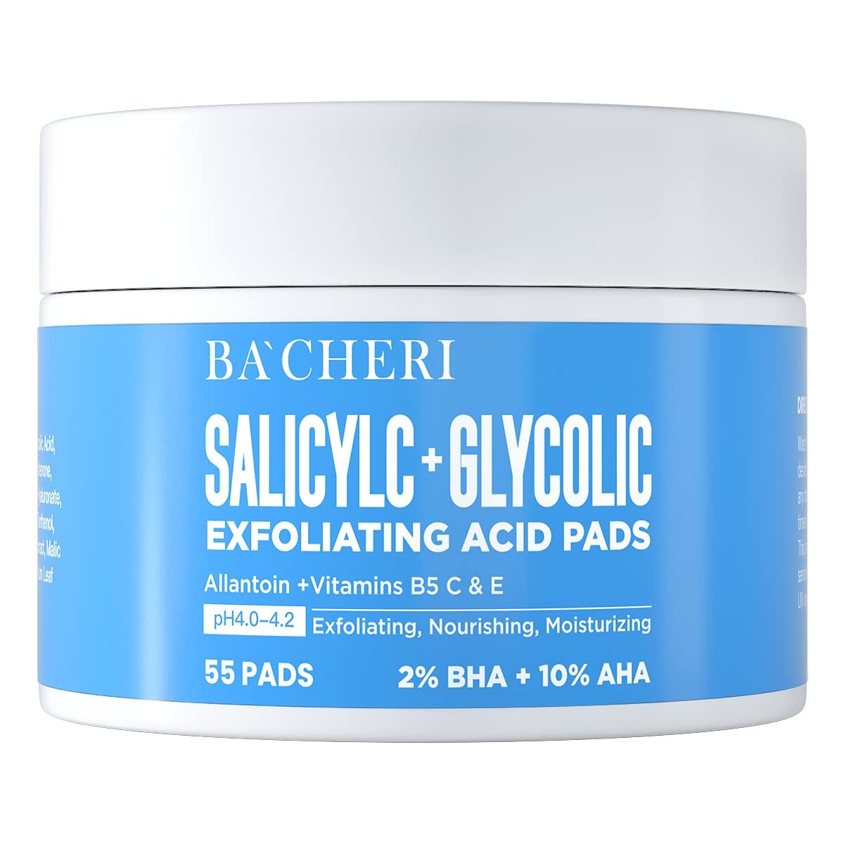10% Glycolsäure + 2% Salicylsäure Peel Pads - BACHERI Resurfacing Pads für das Gesicht mit Vitamin B5, C & E, Allantoin - Exfolierende Gesichtspeeling für dunkle Flecken, Mitesser, Akne, 55 Stück