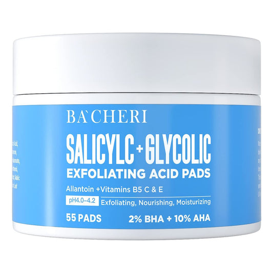 10% Glycolsäure + 2% Salicylsäure Peel Pads - BACHERI Resurfacing Pads für das Gesicht mit Vitamin B5, C & E, Allantoin - Exfolierende Gesichtspeeling für dunkle Flecken, Mitesser, Akne, 55 Stück