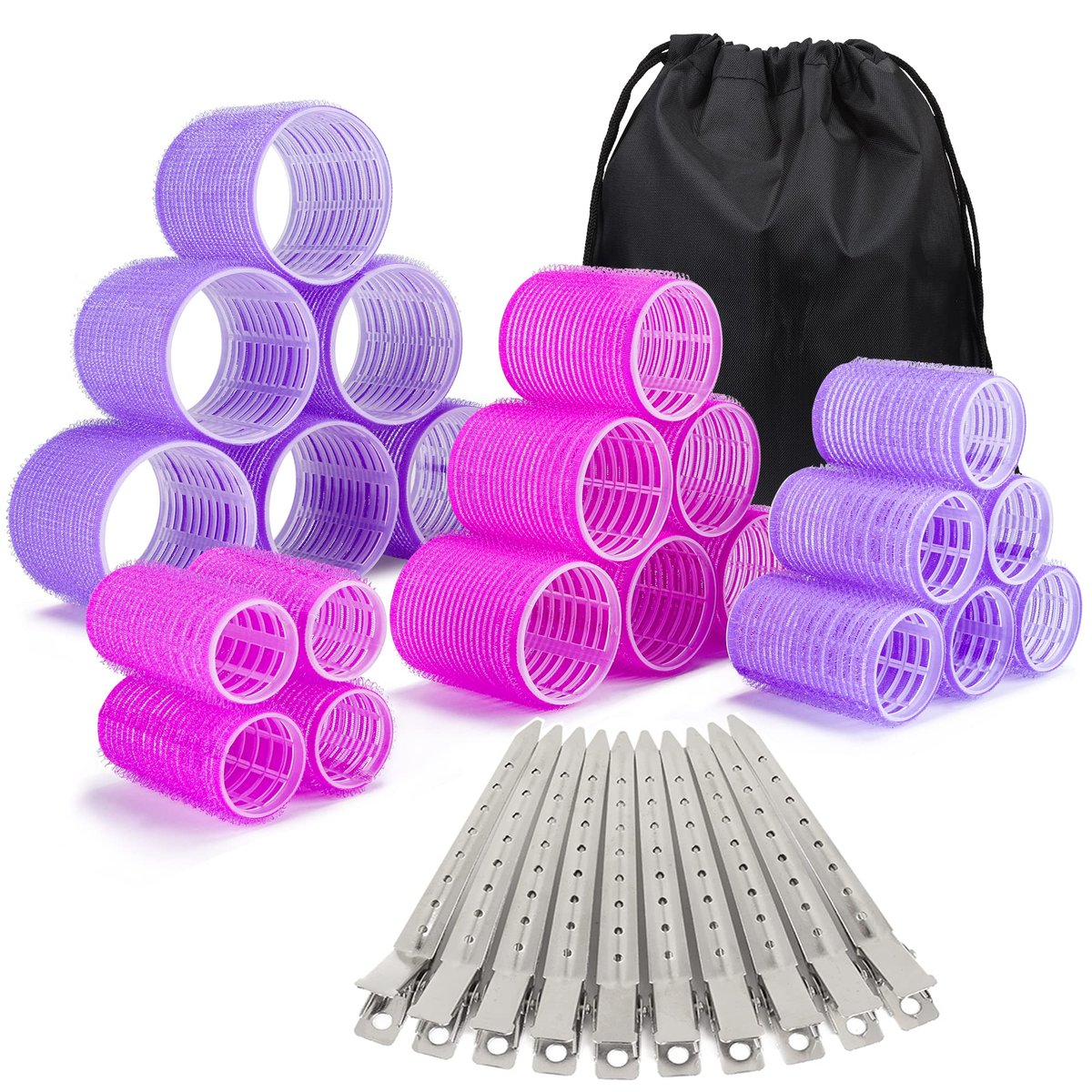 33-teiliges Lockenwickler-Set, Selbsthaftende Lockenwickler für langes, mittleres und kurzes Haar, ELASO Große und Mittlere Lockenwickler (22 Wickler + 10 Edelstahlklammern + 1 Aufbewahrungstasche)