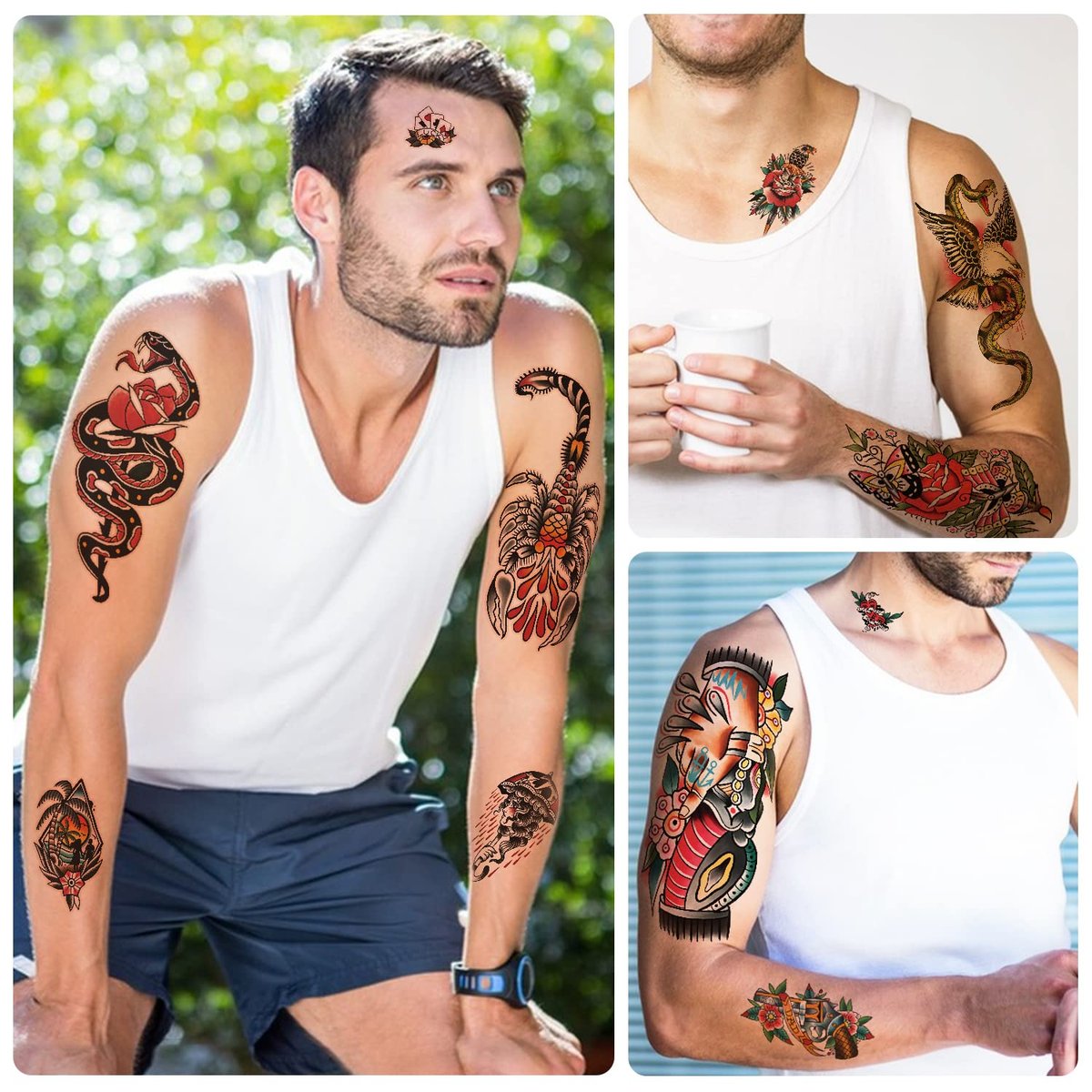 77 Blätter Klassische temporäre Tattoos für Erwachsene, Old School Tattoo Aufkleber, Sailor Jerry Stil Fake Tattoo, American Traditional Blume Rose Arm Temporäre Tattoos für Frauen Männer Kinder