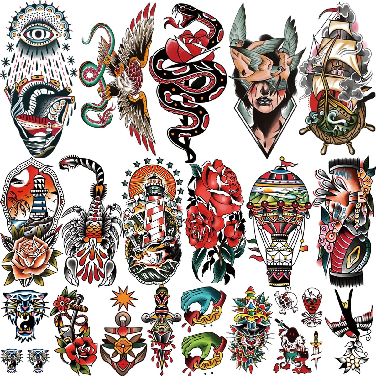 77 Blätter Klassische temporäre Tattoos für Erwachsene, Old School Tattoo Aufkleber, Sailor Jerry Stil Fake Tattoo, American Traditional Blume Rose Arm Temporäre Tattoos für Frauen Männer Kinder