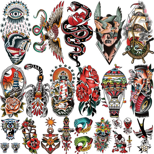 77 Blätter Klassische temporäre Tattoos für Erwachsene, Old School Tattoo Aufkleber, Sailor Jerry Stil Fake Tattoo, American Traditional Blume Rose Arm Temporäre Tattoos für Frauen Männer Kinder