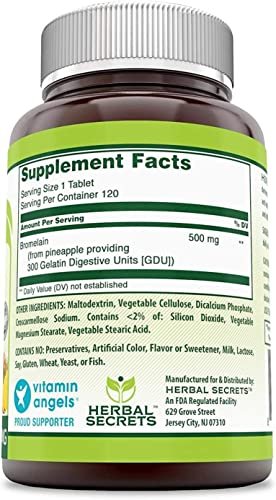 Herbal Secrets Bromelain 500 mg Tabletten - 120 Stück, Nicht-GVO, Glutenfrei, Hergestellt in USA