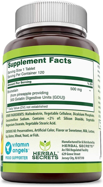 Herbal Secrets Bromelain 500 mg Tabletten - 120 Stück, Nicht-GVO, Glutenfrei, Hergestellt in USA
