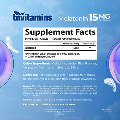 tnvitamins Melatonin 15 mg pro Kapsel (240 Kapseln) | Natürliche Schlafhilfe für Erwachsene | Extra starke Melatonin-Tabletten | Nachtzeit-Schlafmittel | Natürliches Schlafunterstützungs-Supplement