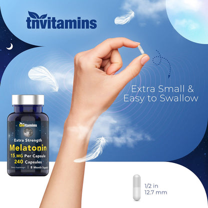 tnvitamins Melatonin 15 mg pro Kapsel (240 Kapseln) | Natürliche Schlafhilfe für Erwachsene | Extra starke Melatonin-Tabletten | Nachtzeit-Schlafmittel | Natürliches Schlafunterstützungs-Supplement
