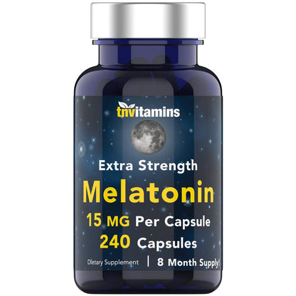 tnvitamins Melatonin 15 mg pro Kapsel (240 Kapseln) | Natürliche Schlafhilfe für Erwachsene | Extra starke Melatonin-Tabletten | Nachtzeit-Schlafmittel | Natürliches Schlafunterstützungs-Supplement