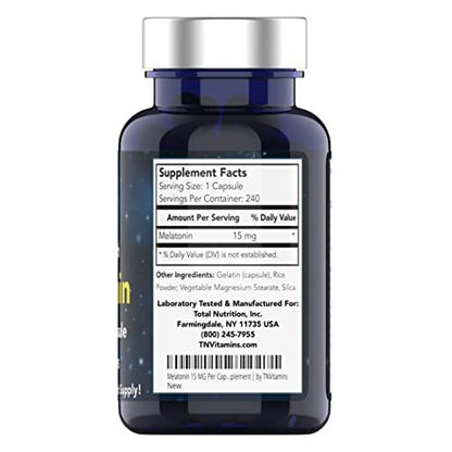 tnvitamins Melatonin 15 mg pro Kapsel (240 Kapseln) | Natürliche Schlafhilfe für Erwachsene | Extra starke Melatonin-Tabletten | Nachtzeit-Schlafmittel | Natürliches Schlafunterstützungs-Supplement