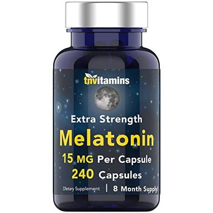 tnvitamins Melatonin 15 mg pro Kapsel (240 Kapseln) | Natürliche Schlafhilfe für Erwachsene | Extra starke Melatonin-Tabletten | Nachtzeit-Schlafmittel | Natürliches Schlafunterstützungs-Supplement