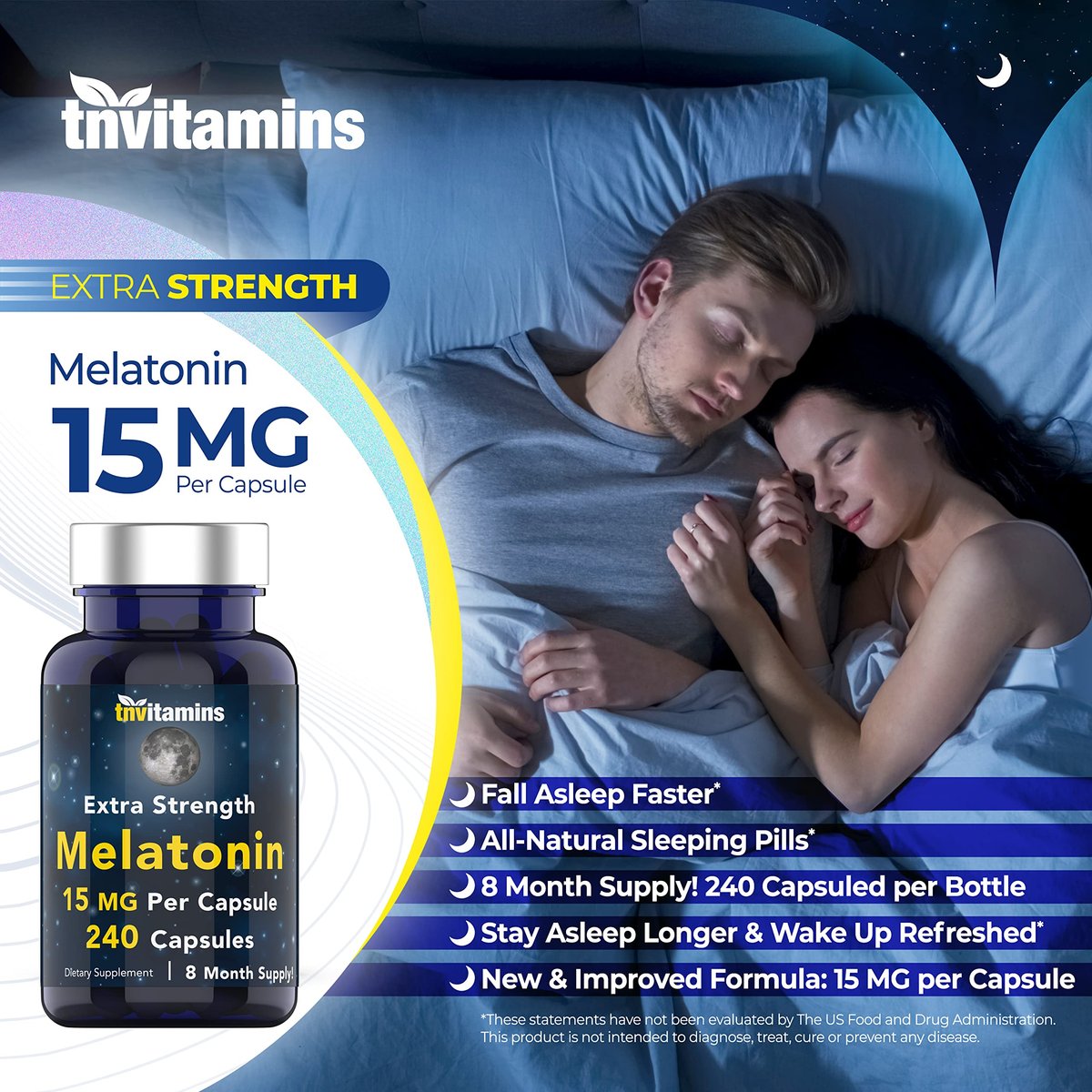 tnvitamins Melatonin 15 mg pro Kapsel (240 Kapseln) | Natürliche Schlafhilfe für Erwachsene | Extra starke Melatonin-Tabletten | Nachtzeit-Schlafmittel | Natürliches Schlafunterstützungs-Supplement