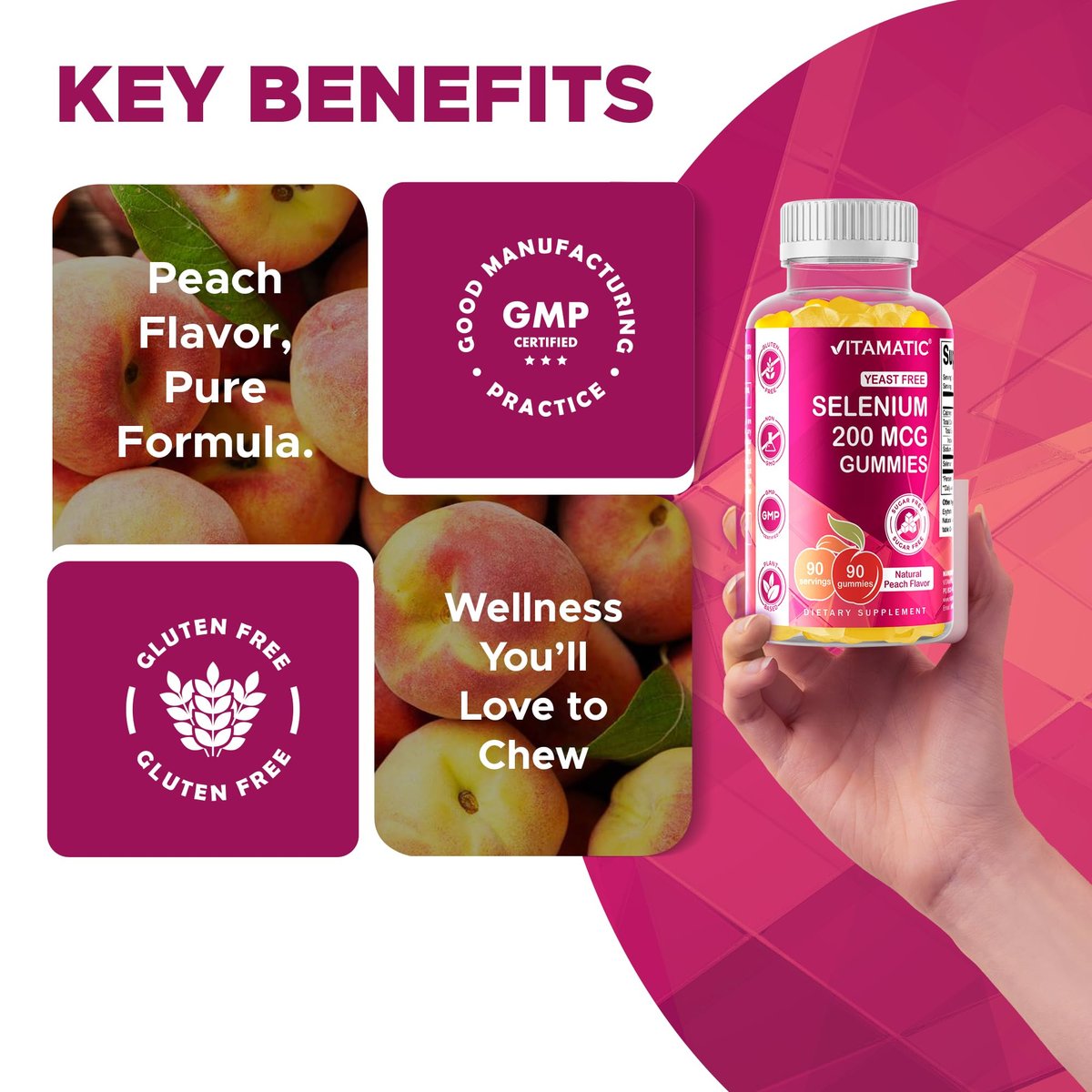 Vitamatic Selen Gummis 200 mcg – Hefefreies Selenomethionin, 90 Fruchtgummis auf Pektinbasis