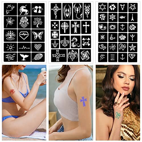 Qpout Tattoo Schablonen für Kinder und Erwachsene, 16 Blatt Henna Tattoo Schablonen Set, Kleine und Große Tattoo Schablonen Designs, Tattoo Schablone für Echte Tattoos, Skelett Spinne Eule Blume Schmetterling Stammes Totem