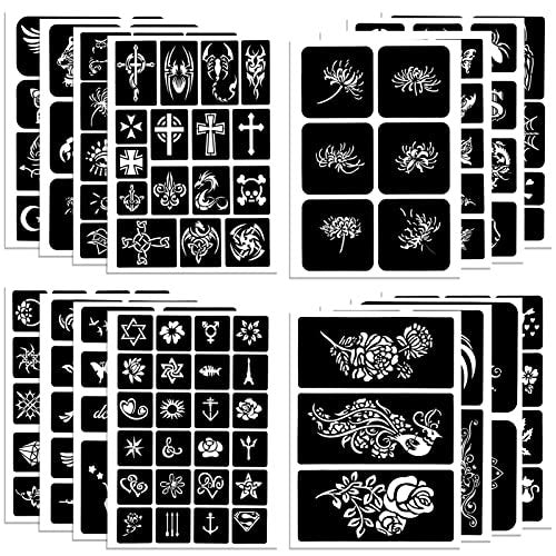 Qpout Tattoo Schablonen für Kinder und Erwachsene, 16 Blatt Henna Tattoo Schablonen Set, Kleine und Große Tattoo Schablonen Designs, Tattoo Schablone für Echte Tattoos, Skelett Spinne Eule Blume Schmetterling Stammes Totem