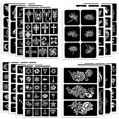 Qpout Tattoo Schablonen für Kinder und Erwachsene, 16 Blatt Henna Tattoo Schablonen Set, Kleine und Große Tattoo Schablonen Designs, Tattoo Schablone für Echte Tattoos, Skelett Spinne Eule Blume Schmetterling Stammes Totem