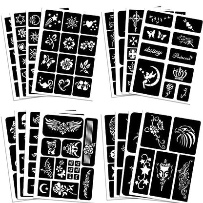 Qpout Tattoo Schablonen für Kinder und Erwachsene, 16 Blatt Henna Tattoo Schablonen Set, Kleine und Große Tattoo Schablonen Designs, Tattoo Schablone für Echte Tattoos, Skelett Spinne Eule Blume Schmetterling Stammes Totem