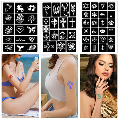 Qpout Tattoo Schablonen für Kinder und Erwachsene, 16 Blatt Henna Tattoo Schablonen Set, Kleine und Große Tattoo Schablonen Designs, Tattoo Schablone für Echte Tattoos, Skelett Spinne Eule Blume Schmetterling Stammes Totem