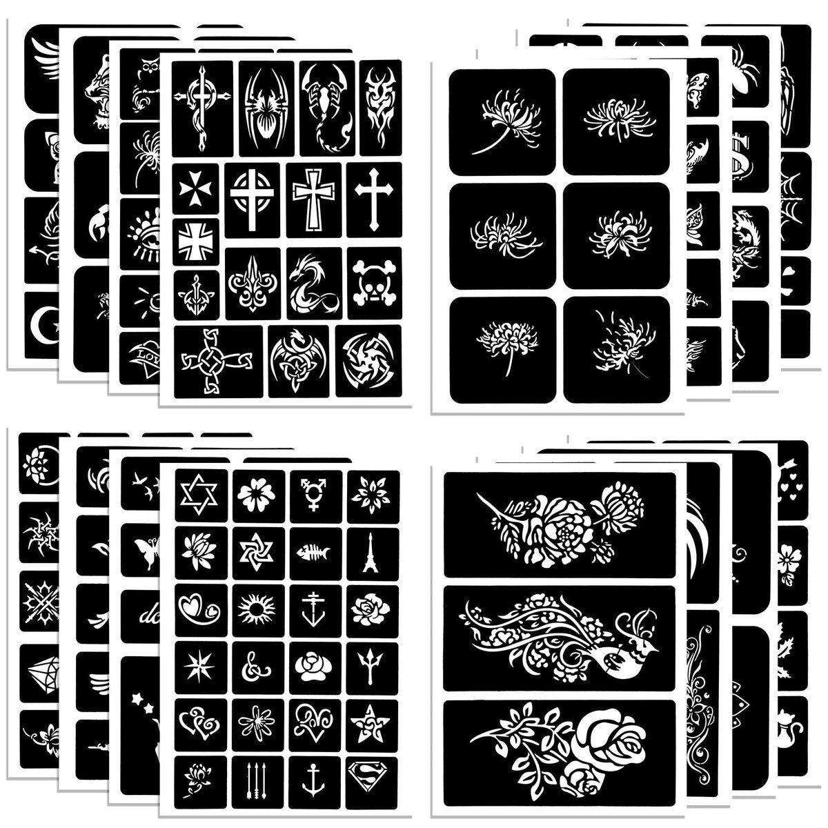 Qpout Tattoo Schablonen für Kinder und Erwachsene, 16 Blatt Henna Tattoo Schablonen Set, Kleine und Große Tattoo Schablonen Designs, Tattoo Schablone für Echte Tattoos, Skelett Spinne Eule Blume Schmetterling Stammes Totem