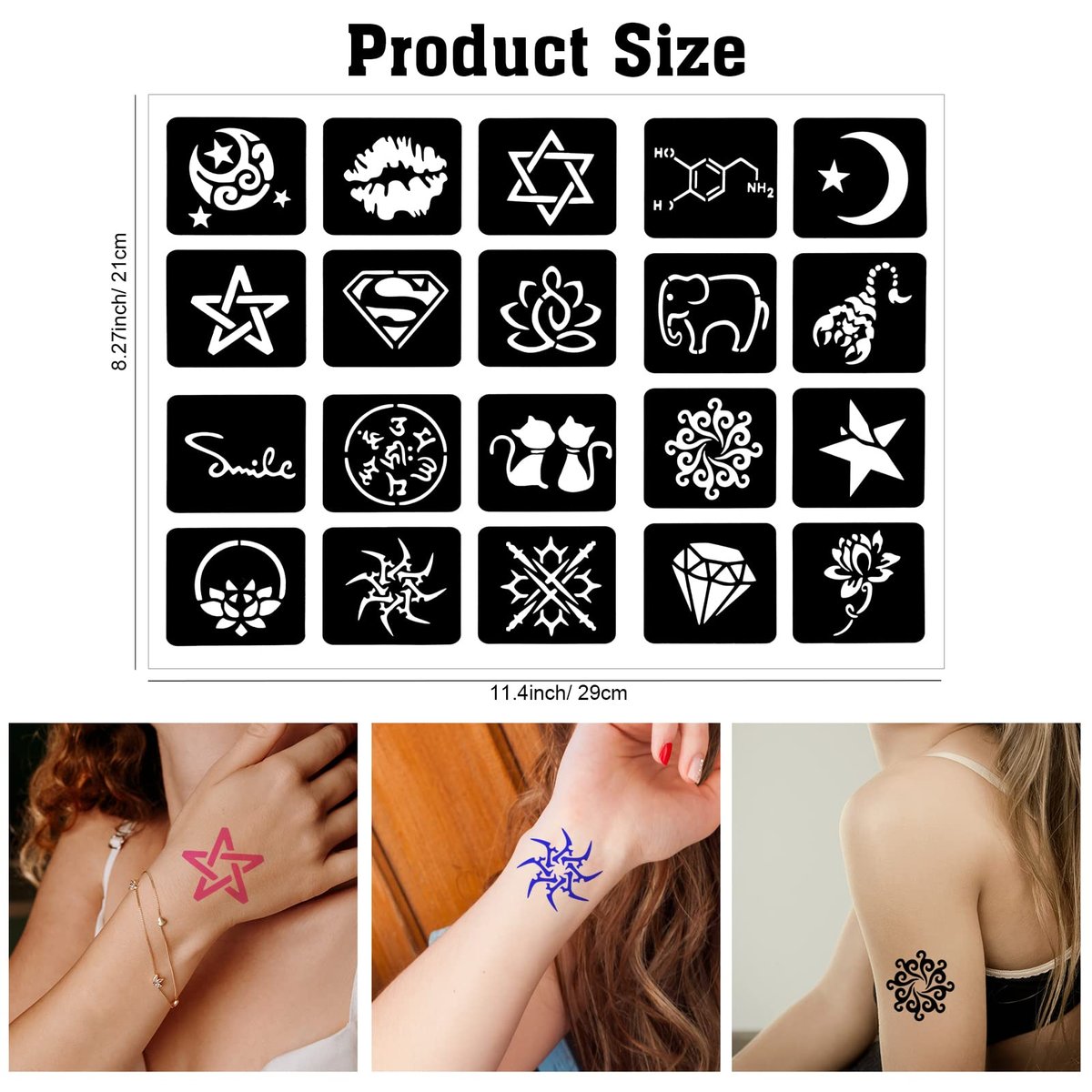 Qpout Tattoo Schablonen für Kinder und Erwachsene, 16 Blatt Henna Tattoo Schablonen Set, Kleine und Große Tattoo Schablonen Designs, Tattoo Schablone für Echte Tattoos, Skelett Spinne Eule Blume Schmetterling Stammes Totem