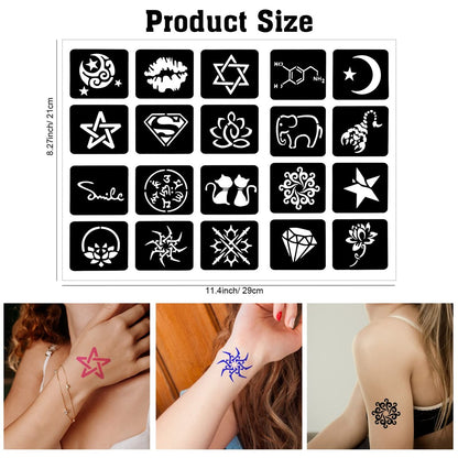 Qpout Tattoo Schablonen für Kinder und Erwachsene, 16 Blatt Henna Tattoo Schablonen Set, Kleine und Große Tattoo Schablonen Designs, Tattoo Schablone für Echte Tattoos, Skelett Spinne Eule Blume Schmetterling Stammes Totem