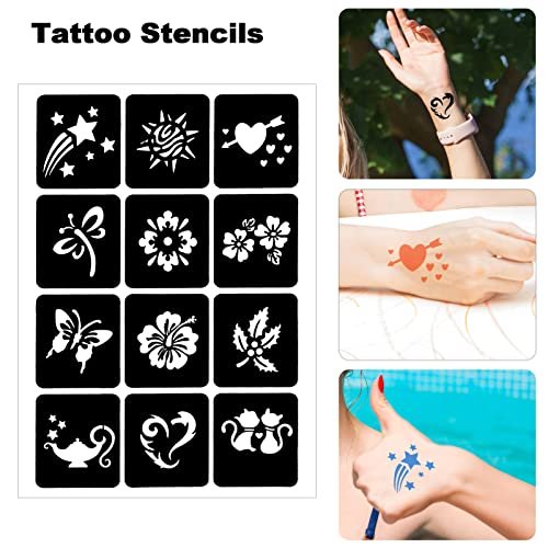 Qpout Tattoo Schablonen für Kinder und Erwachsene, 16 Blatt Henna Tattoo Schablonen Set, Kleine und Große Tattoo Schablonen Designs, Tattoo Schablone für Echte Tattoos, Skelett Spinne Eule Blume Schmetterling Stammes Totem
