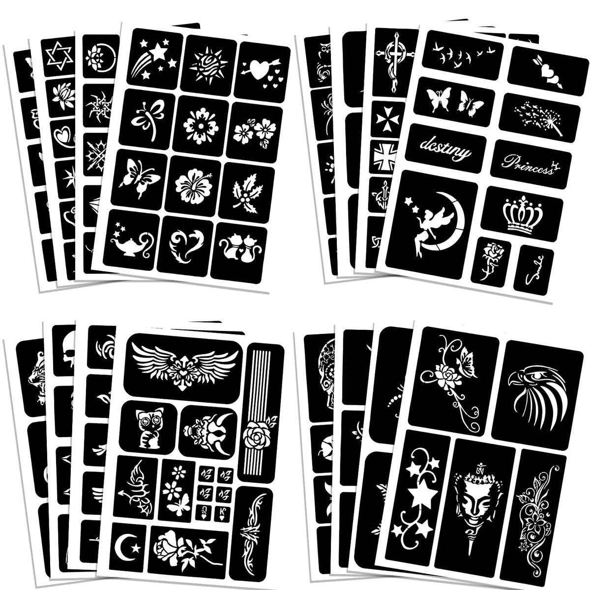 Qpout Tattoo Schablonen für Kinder und Erwachsene, 16 Blatt Henna Tattoo Schablonen Set, Kleine und Große Tattoo Schablonen Designs, Tattoo Schablone für Echte Tattoos, Skelett Spinne Eule Blume Schmetterling Stammes Totem