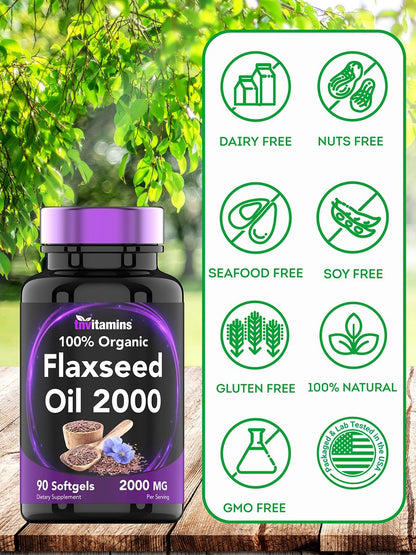 tnvitamins Bio Leinsamenöl Softgels: 2000 mg - 90 Softgels | Reich an Omega-3-Fettsäuren | Leinsamenöl Nahrungsergänzung für Frauen & Männer | Nicht-GMO