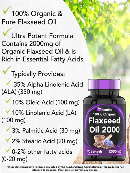 tnvitamins Bio Leinsamenöl Softgels: 2000 mg - 90 Softgels | Reich an Omega-3-Fettsäuren | Leinsamenöl Nahrungsergänzung für Frauen & Männer | Nicht-GMO