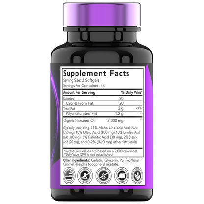 tnvitamins Bio Leinsamenöl Softgels: 2000 mg - 90 Softgels | Reich an Omega-3-Fettsäuren | Leinsamenöl Nahrungsergänzung für Frauen & Männer | Nicht-GMO