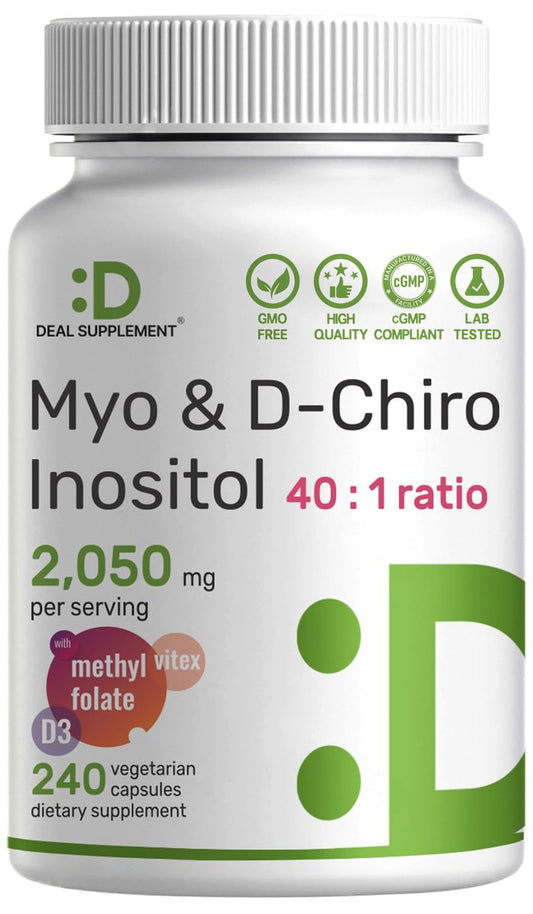 Myo-Inositol & D-Chiro Inositol Supplement für Frauen (40:1) | 2.050 mg pro Portion | 240 vegane Kapseln | mit Folsäure, Vitamin D3 & Vitex | Hormonelle Balance & Zyklusunterstützung | Non-GMO