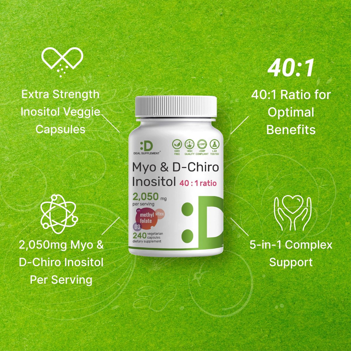 Myo-Inositol & D-Chiro Inositol Supplement für Frauen (40:1) | 2.050 mg pro Portion | 240 vegane Kapseln | mit Folsäure, Vitamin D3 & Vitex | Hormonelle Balance & Zyklusunterstützung | Non-GMO