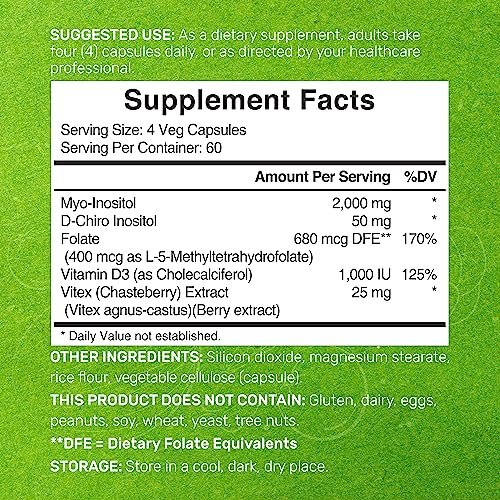 Myo-Inositol & D-Chiro Inositol Supplement für Frauen (40:1) | 2.050 mg pro Portion | 240 vegane Kapseln | mit Folsäure, Vitamin D3 & Vitex | Hormonelle Balance & Zyklusunterstützung | Non-GMO