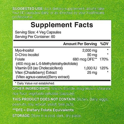 Myo-Inositol & D-Chiro Inositol Supplement für Frauen (40:1) | 2.050 mg pro Portion | 240 vegane Kapseln | mit Folsäure, Vitamin D3 & Vitex | Hormonelle Balance & Zyklusunterstützung | Non-GMO
